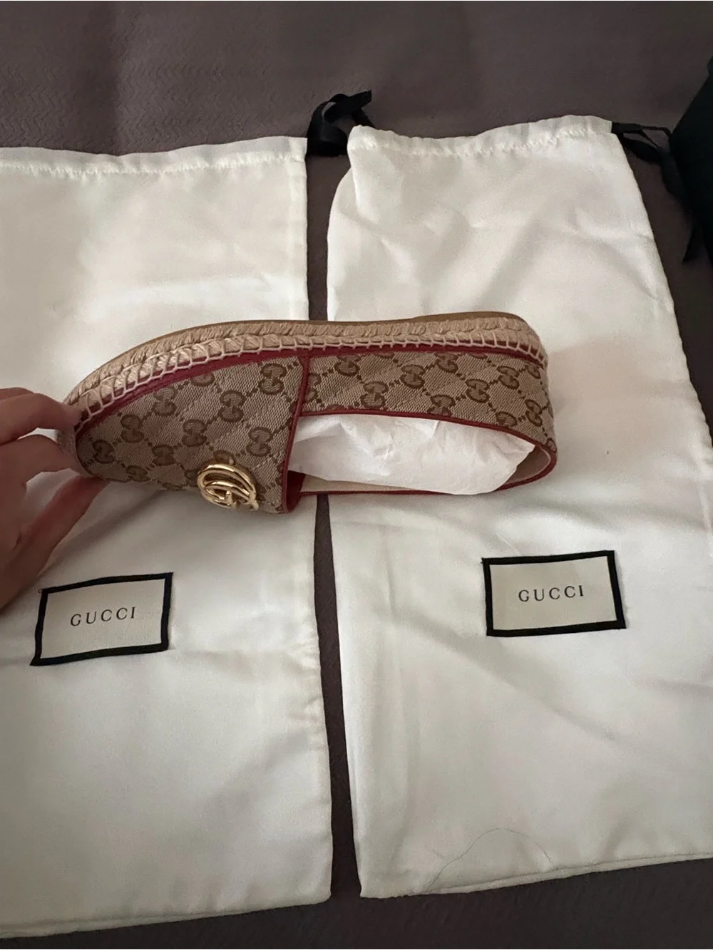 Gucci Beige Monogram Espadrilles with Red Trim and Gold GG